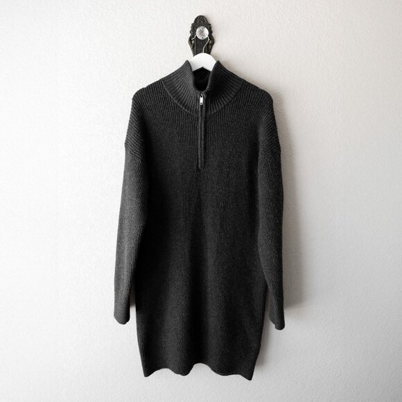 Old Navy Dress Sz L Dark Gray Knit 1/4 Zip Ribbed Long Sleeve Shift Recycled - Picture 3 of 8